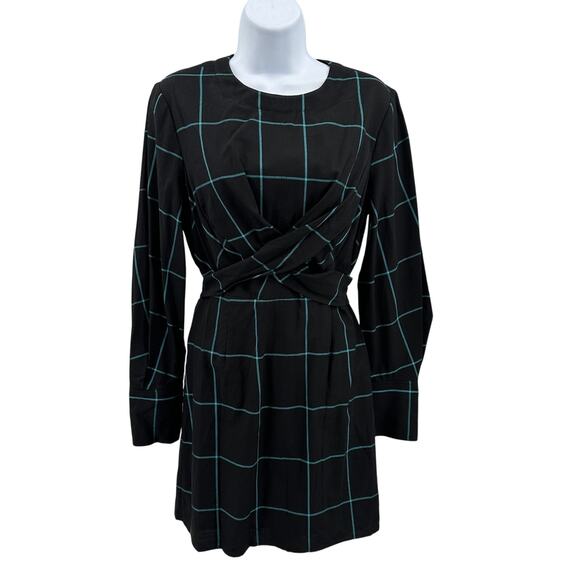 STAUD Crosshill Cut-Out Windowpane Mini Dress WMNS S Black/Teal Mini Long Sleeve - Picture 2 of 10